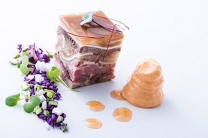 Pan de cerdo, verduras encurtidas y espuma de jengibre, de Francesc Chicón y Sergio Musso Imagen de Pan de cerdo, verduras encurtidas y espuma de jengibre, de Francesc Chicón y Sergio Musso