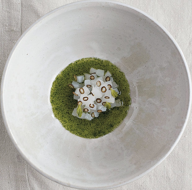 Calamares frescos y caldo de grosellas blancas, de René Redzepi