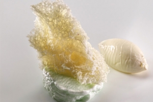 Bizcocho de naranja, crema de manzana, menta y helado de pipas de calabaza, de Josean Alija Imagen de Bizcocho de naranja, crema de manzana, menta y helado de pipas de calabaza, de Josean Alija
