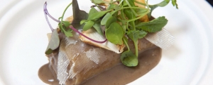 Canelón de pollo de corral con crema de setas, tapa ganadora del Tast a la Rambla Imagen de Canelón de pollo de corral con crema de setas, tapa ganadora del Tast a la Rambla